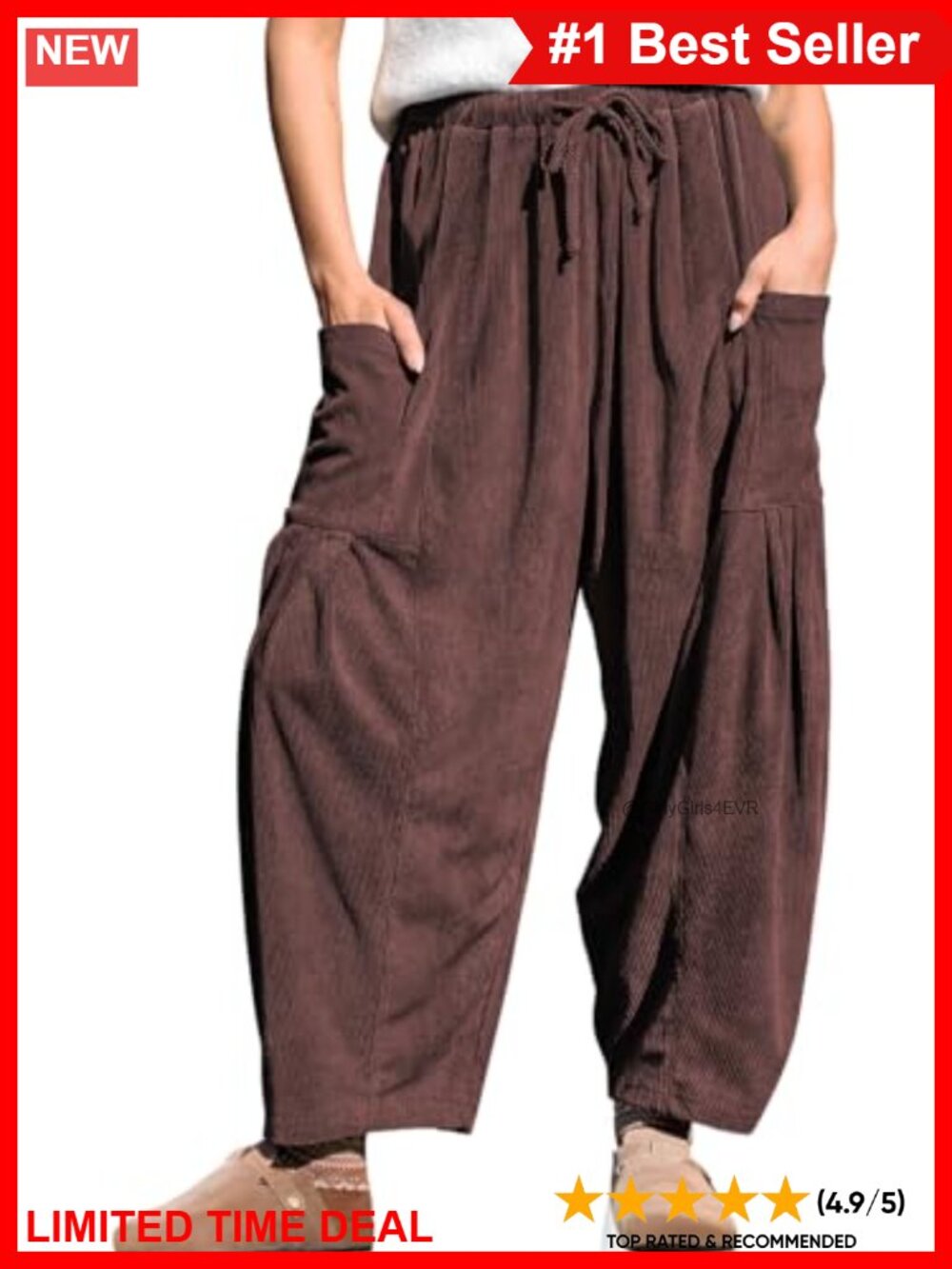 Women's Corduroy Barrel Wide Leg Pants Elastic Drawstring Pockets Casual